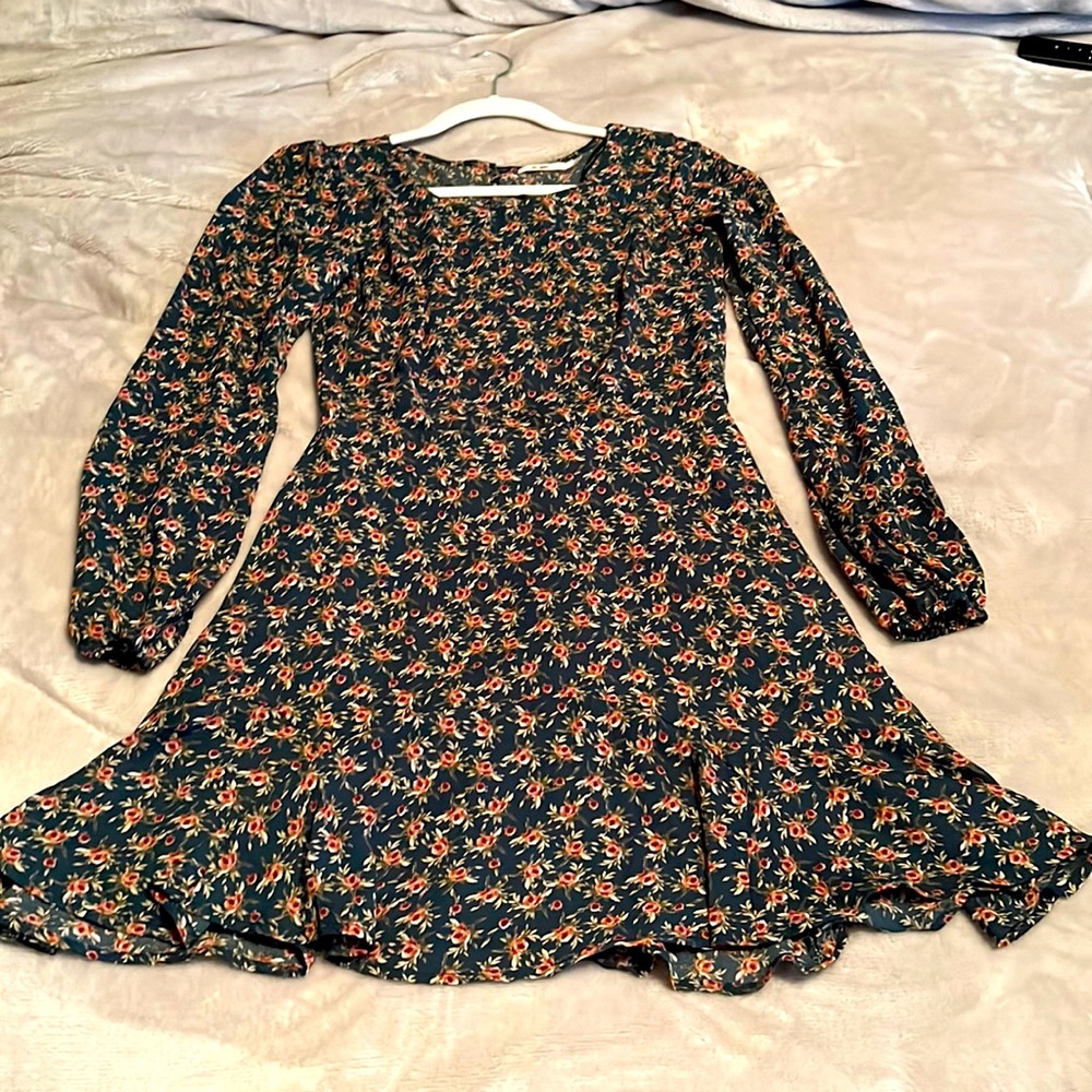 Green pattern long sleeve dress XS